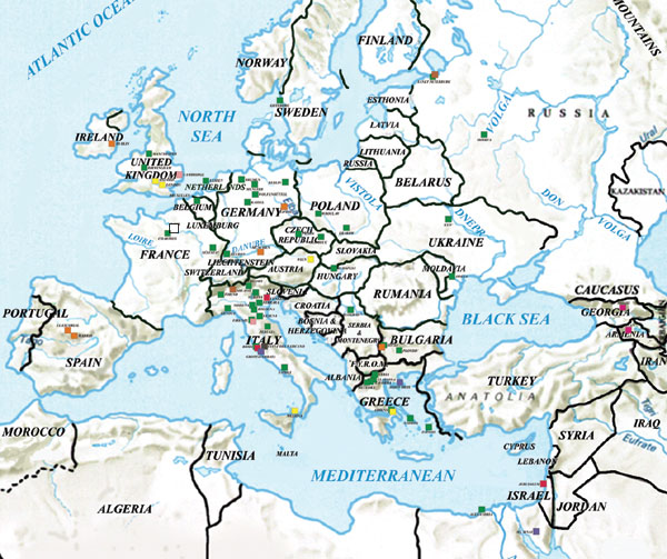 Carta dell'Europa e del bacino mediterraneo con indicati i luoghi di conservazione dei palinsesti, differenziati per numero di codici conservati