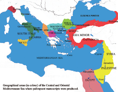 In colore sono evidenziate le aree geografiche del Mediterraneo Centrale e Orientale nelle quali vennero prodotti palinsesti